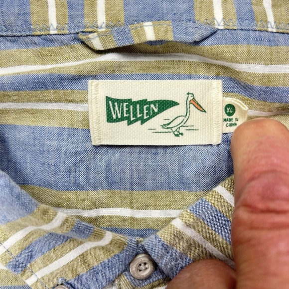 Wellen Shirt Large Blue White Striped Button Up Short Sleeve Mens Linen/Cotton - Picture 2 of 9